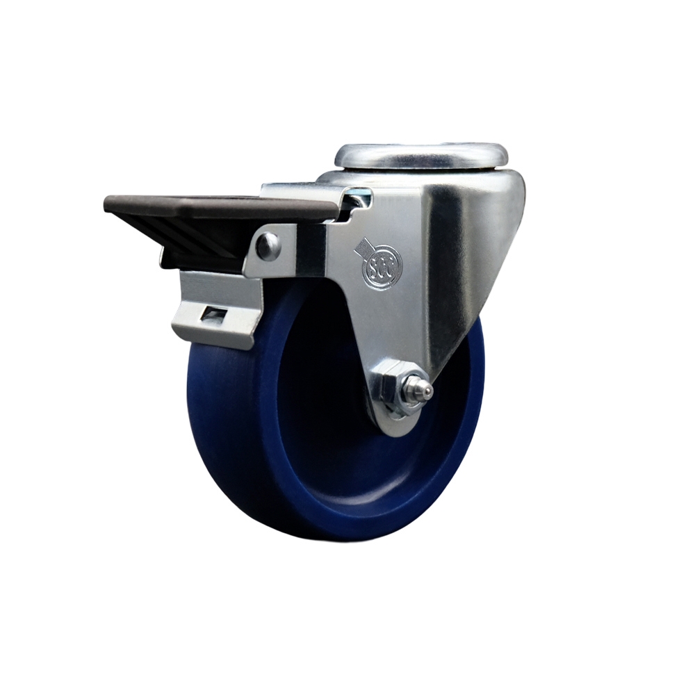 Solid Polyurethane Swivel Bolt Hole Caster w/4" x 1.25" Blue Wheel & Posi Locking Brake - 300 lbs Capacity/Caster - Service Caster Brand — photo 1
