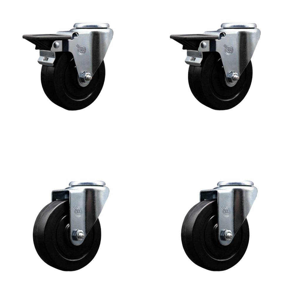Soft Rubber Swivel Bolt Hole Caster Set of 4 w/4" x 1.25" Black Wheels - Includes 2 with Posi Locking Brakes - 800 lbs Total Capacity - Service Caster Brand — photo 1