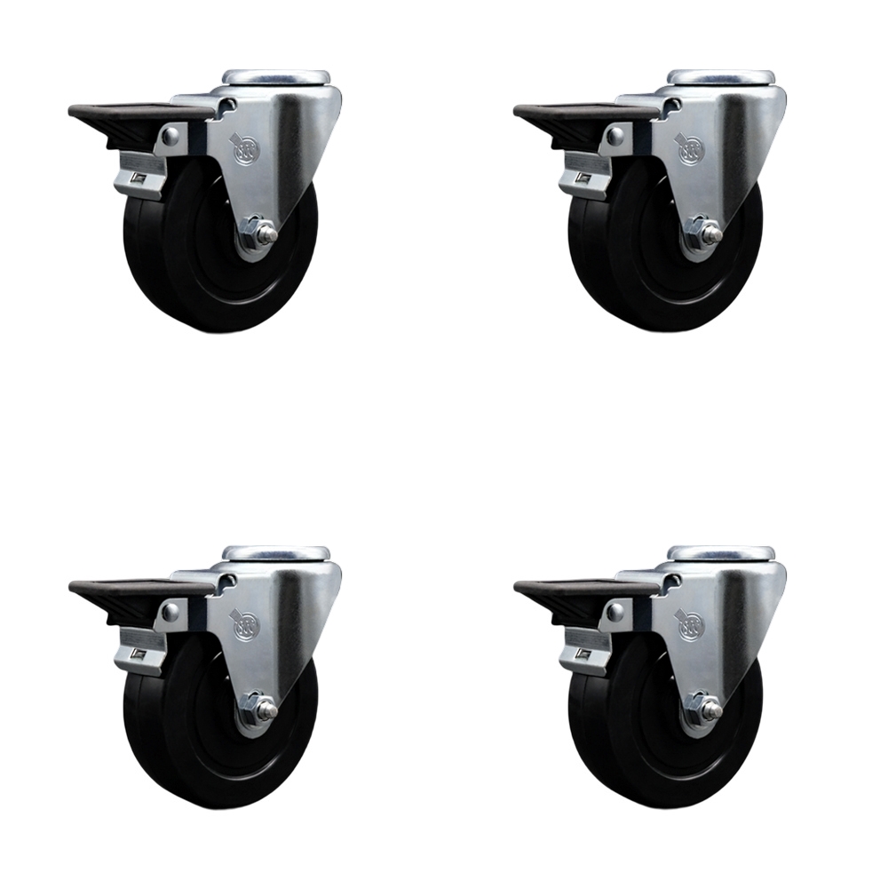 Soft Rubber Swivel Bolt Hole Caster Set of 4 w/4" x 1.25" Black Wheels - Includes 4 Swivel with Posi Lock Brakes - 800 lbs Total Capacity - Service Caster Brand — photo 1