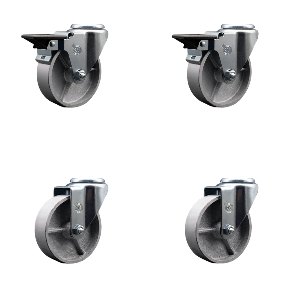 Semi Steel Cast Iron Swivel Bolt Hole Caster Set of 4 w/Roller Bearing - 4" x 1.5" Silver Wheels - Includes 2 with Posi Locking Brakes - 1200 lbs Total Capacity - Service Caster Brand — photo 1