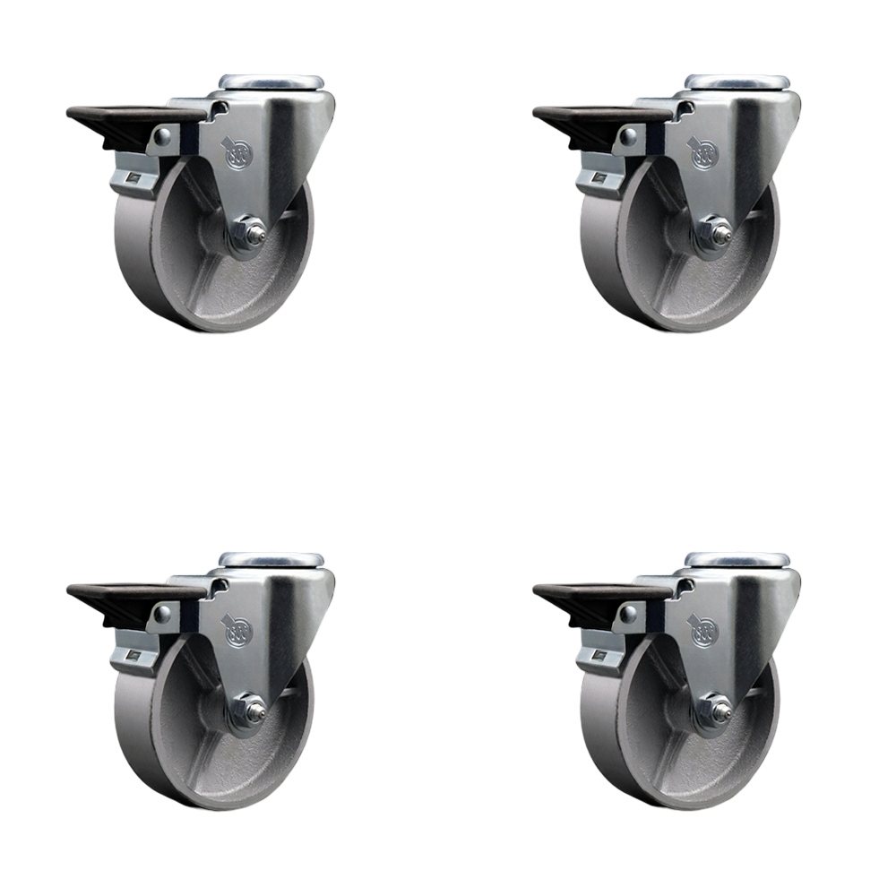 Semi Steel Cast Iron Swivel Bolt Hole Caster Set of 4 w/4" x 1.25" Silver Wheels - Includes 4 Swivel with Posi Lock Brakes - 1200 lbs Total Capacity - Service Caster Brand — photo 1