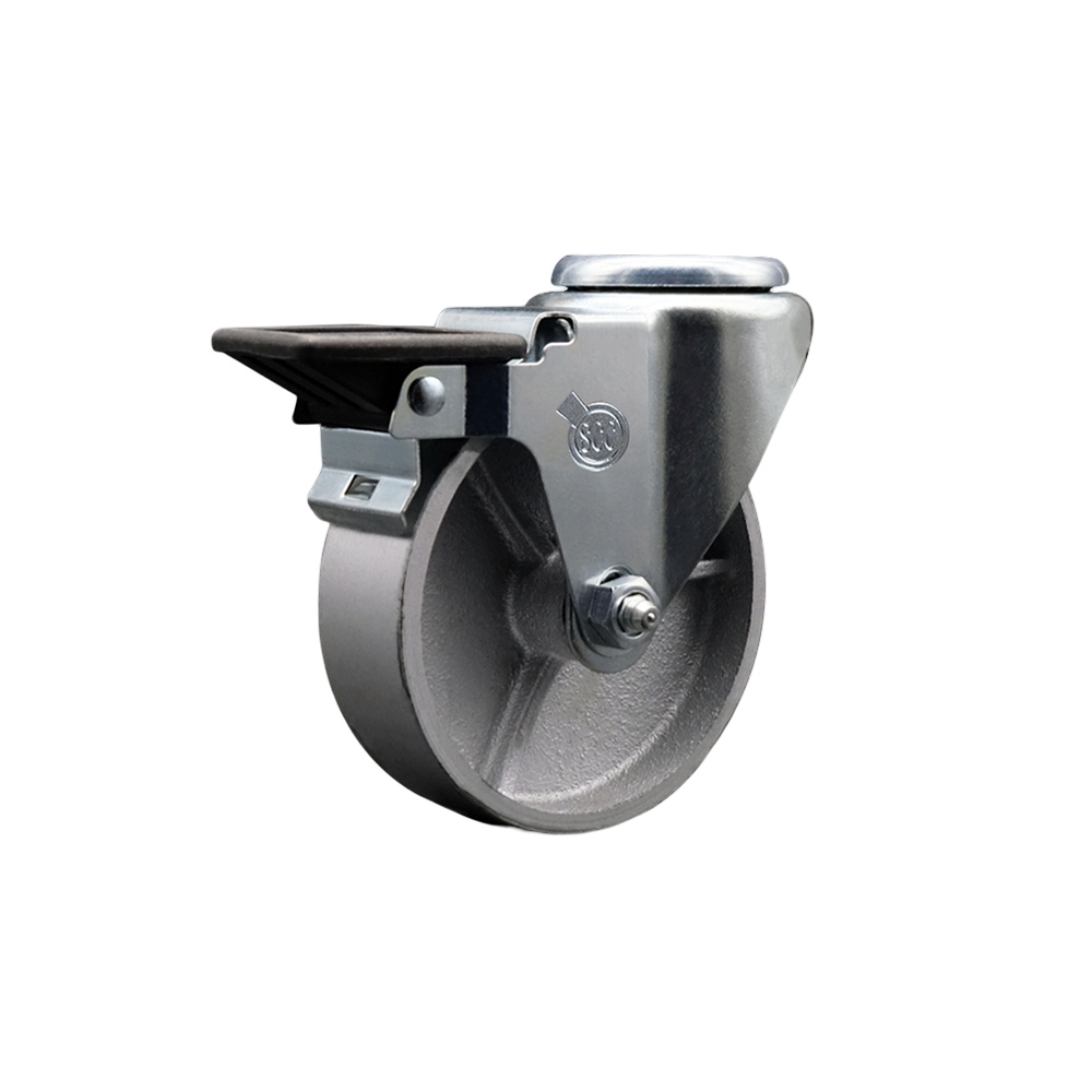 Semi Steel Cast Iron Swivel Bolt Hole Caster w/Roller Bearing - 4" x 1.5" Silver Wheel & Posi Locking Brake - 300 lbs Capacity/Caster - Service Caster Brand — photo 1