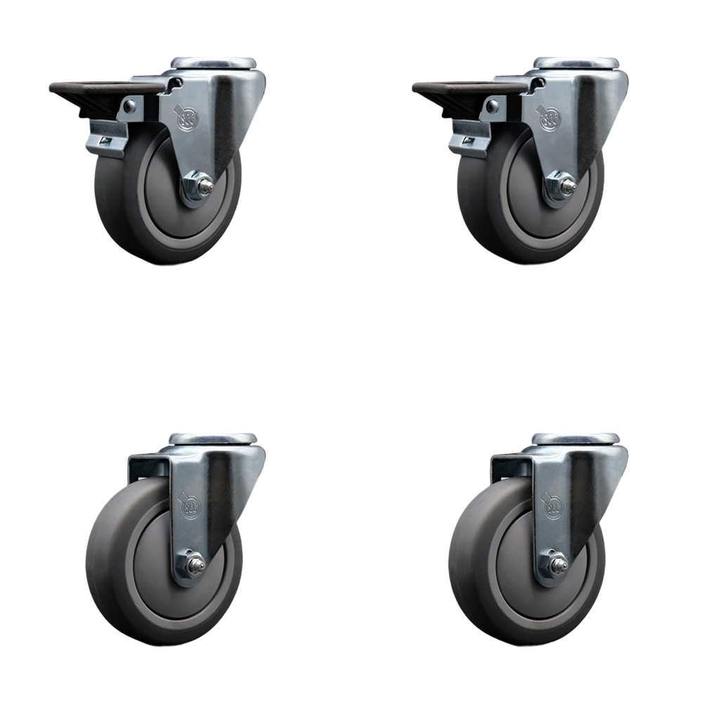 Thermoplastic Rubber Swivel Bolt Hole Caster Set of 4 - 4" x 1.25" Gray Wheels - Includes 2 with Posi Locking Brakes - 1,000 lbs Total Capacity - Service Caster Brand — photo 1