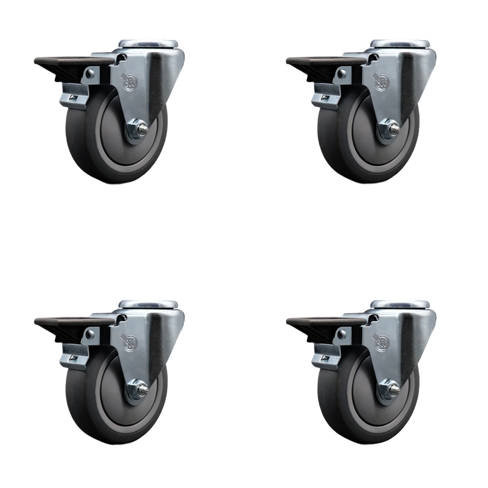 Thermoplastic Rubber Swivel Bolt Hole Caster Set of 4 w/4" x 1.25" Gray Wheels - Includes 4 Swivel with Posi Lock Brakes - 1,000 lbs Total Capacity - Service Caster Brand — photo 1