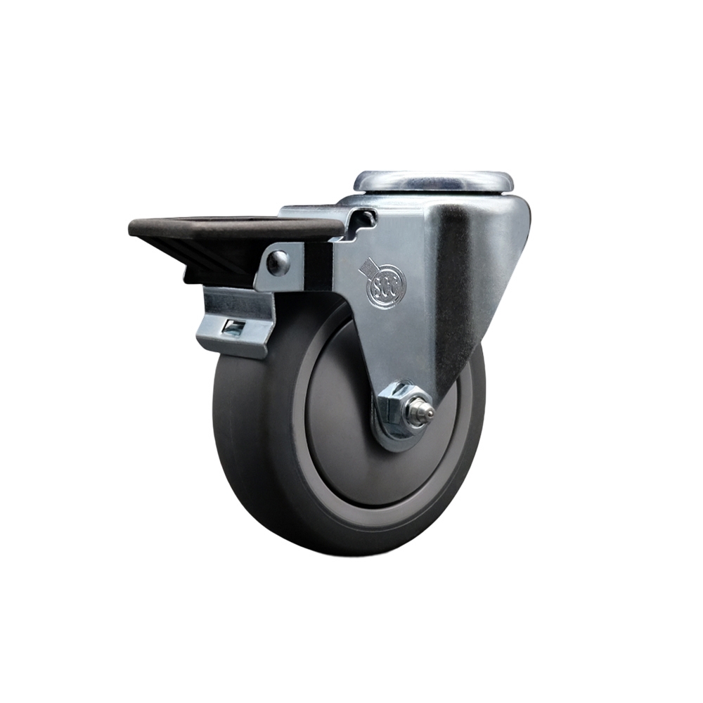 Thermoplastic Rubber Swivel Bolt Hole Caster - 4" x 1.25" Gray Wheel & Posi Locking Brake - 250 lbs Capacity/Caster - Service Caster Brand — photo 1