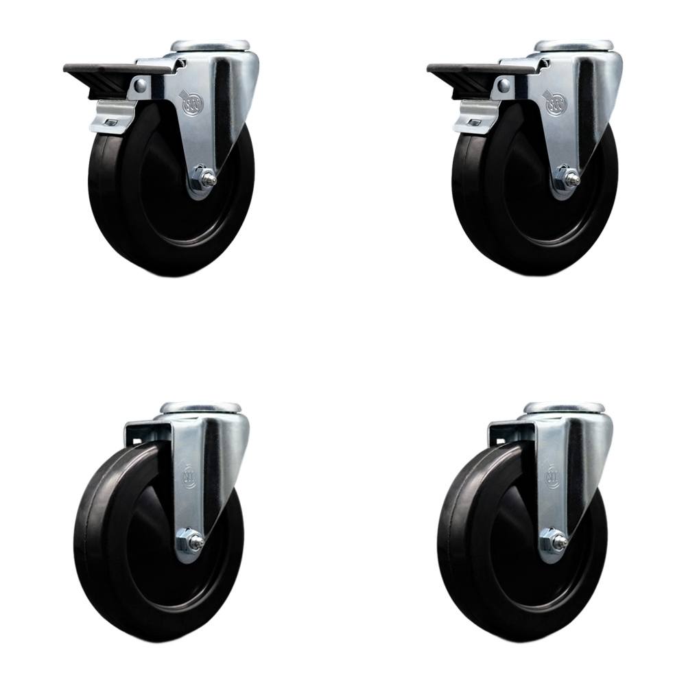 Hard Rubber Swivel Bolt Hole Caster Set of 4 w/5" x 1.25" Black Wheels - Includes 2 with Posi Locking Brakes - 1200 lbs Total Capacity - Service Caster Brand — photo 1