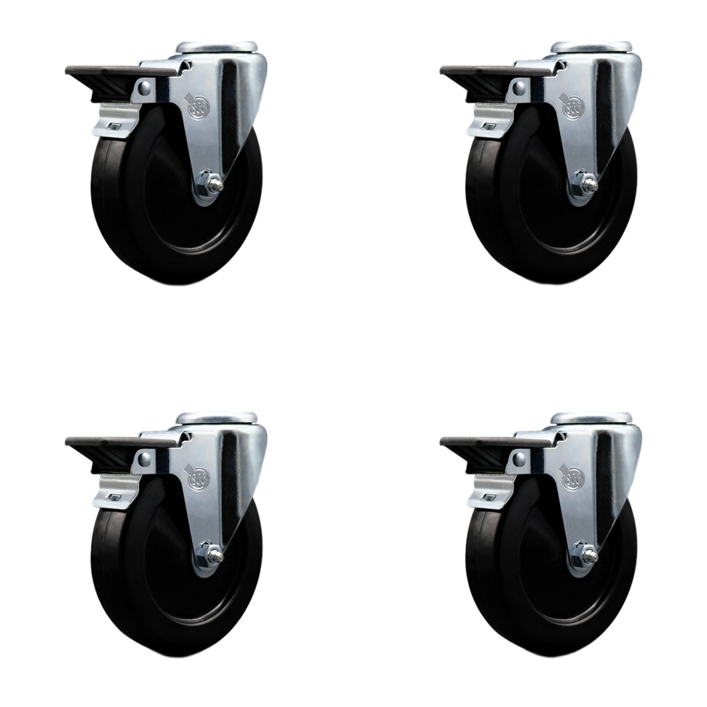 Hard Rubber Swivel Bolt Hole Caster Set of 4 w/5" x 1.25" Black Wheels - Includes 4 Swivel with Posi Lock Brakes - 1200 lbs Total Capacity - Service Caster Brand — photo 1