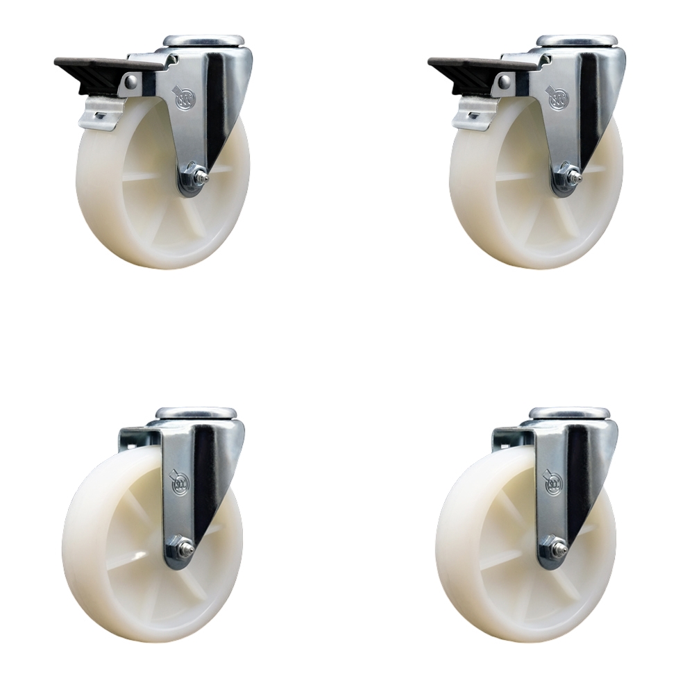 Nylon Swivel Bolt Hole Caster Set of 4 w/5" x 1.25" White Wheels - Includes 2 with Posi Locking Brakes - 1200 lbs Total Capacity - Service Caster Brand — photo 1
