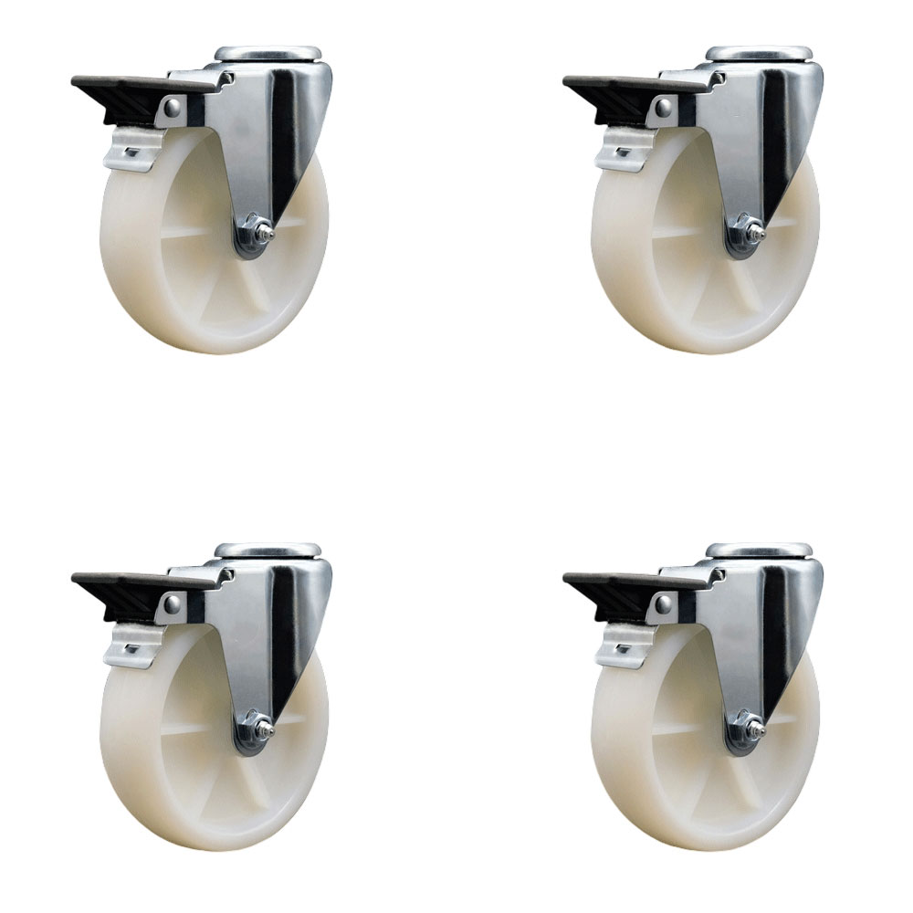Nylon Swivel Bolt Hole Caster Set of 4 w/5" x 1.25" White Wheels - Includes 4 Swivel with Posi Lock Brakes - 1200 lbs Total Capacity - Service Caster Brand — photo 1