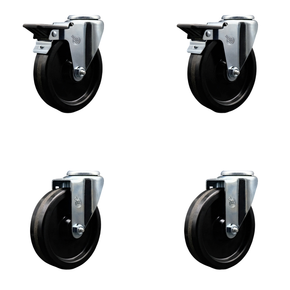 Phenolic Swivel Bolt Hole Caster Set of 4 w/Roller Bearing - 5" x 1.25" Black Wheels - Includes 2 with Posi Locking Brakes - 1200 lbs Total Capacity - Service Caster Brand — photo 1