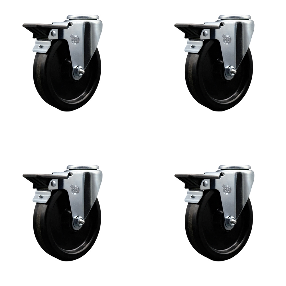 Phenolic Swivel Bolt Hole Caster Set of 4 w/5" x 1.25" Black Wheels - Includes 4 Swivel with Posi Lock Brakes - 1200 lbs Total Capacity - Service Caster Brand — photo 1