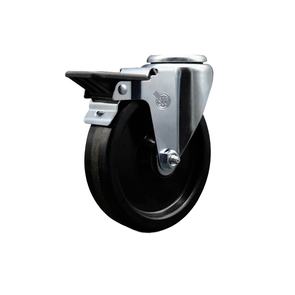 Phenolic Swivel Bolt Hole Caster w/Roller Bearing - 5" x 1.25" Black Wheel & Posi Locking Brake - 300 lbs Capacity/Caster - Service Caster Brand — photo 1