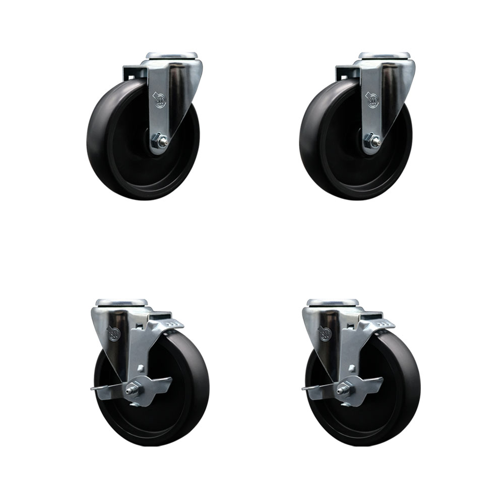 Polyolefin Swivel Bolt Hole Caster Wheels Set of 4 with 5 Inch Black Wheels - Includes 2 with Top Lock Brakes - 1400 lbs. Total Capacity - Service Caster Brand — photo 1