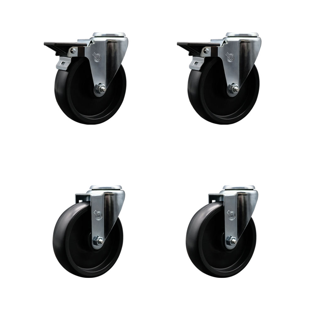 Polyolefin Swivel Bolt Hole Caster Wheels Set of 4 with 5 Inch Black Wheels - Includes 2 with Posi Lock Brakes - 1400 lbs. Total Capacity - Service Caster Brand — photo 1
