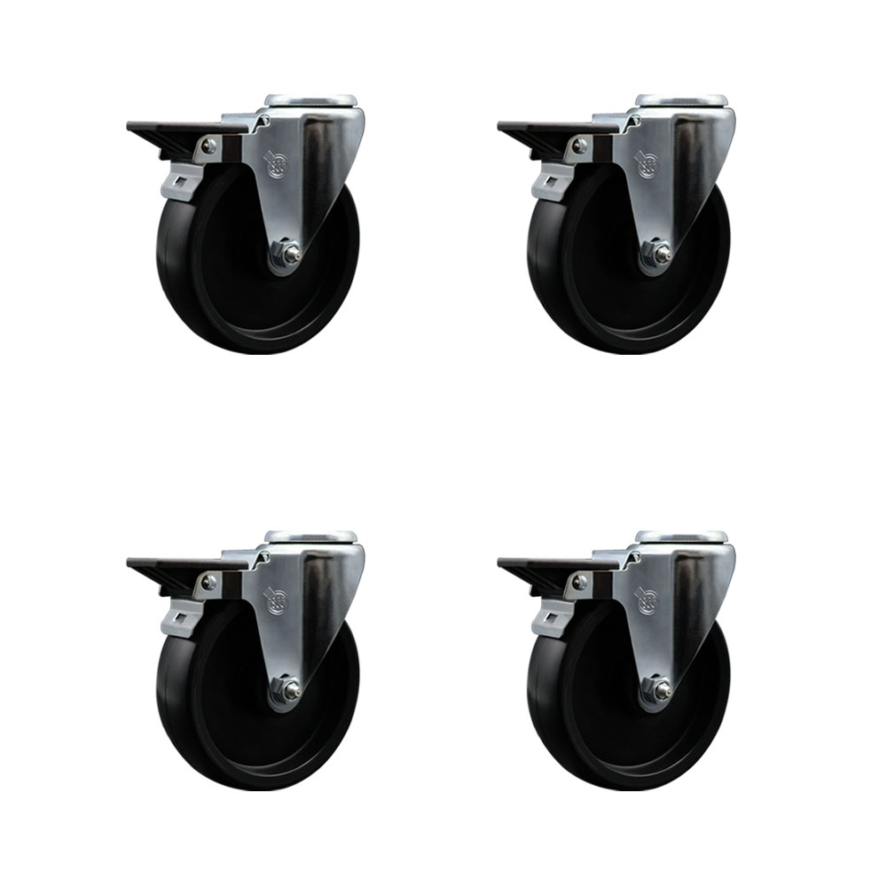 Polyolefin Swivel Bolt Hole Caster Wheels Set of 4 with 5 Inch Black Wheels - Includes 4 Swivel with Posi Lock Brakes - 1400 lbs. Total Capacity - Service Caster Brand — photo 1
