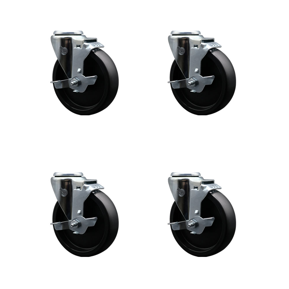 Polyolefin Swivel Bolt Hole Caster Wheels Set of 4 with 5 Inch Black Wheels - Includes 4 Swivel with Top Lock Brakes - 1400 lbs. Total Capacity - Service Caster Brand — photo 1