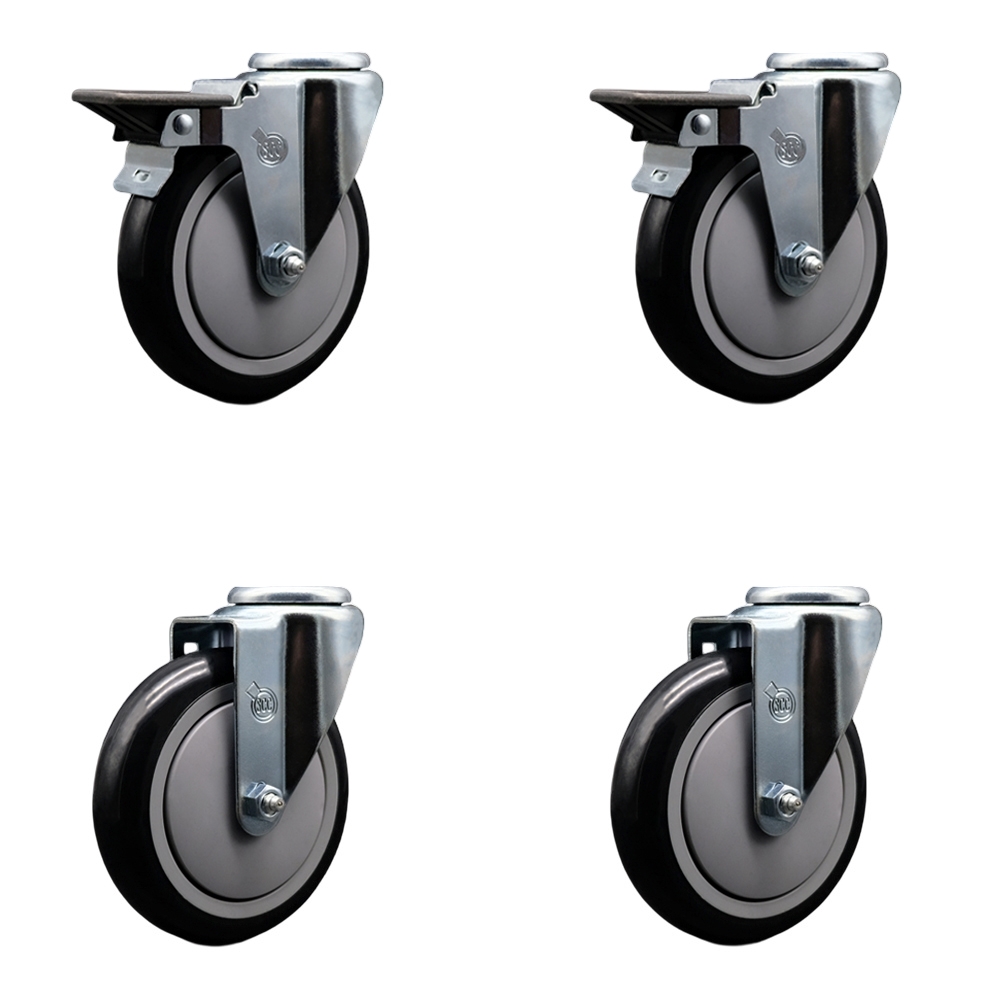 Polyurethane Swivel Bolt Hole Caster Set of 4 w/5" x 1.25" Black Wheels - Includes 2 with Posi Locking Brakes - 1400 lbs Total Capacity - Service Caster Brand — photo 1
