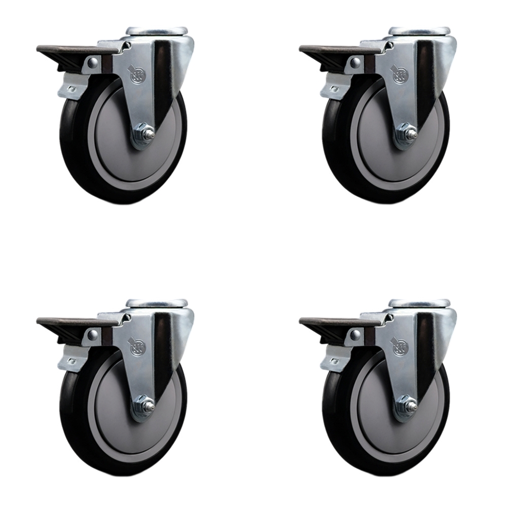 Polyurethane Swivel Bolt Hole Caster Set of 4 w/5" x 1.25" Black Wheels - Includes 4 Swivel with Posi Lock Brakes - 1400 lbs Total Capacity - Service Caster Brand — photo 1