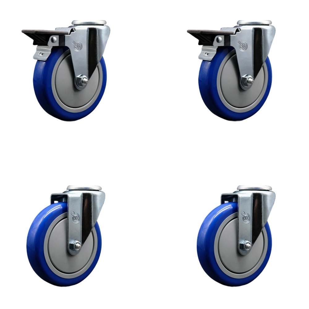 Polyurethane Swivel Bolt Hole Caster Set of 4 w/5" x 1.25" Blue Wheels - Includes 2 with Posi Locking Brakes - 1400 lbs Total Capacity - Service Caster Brand — photo 1