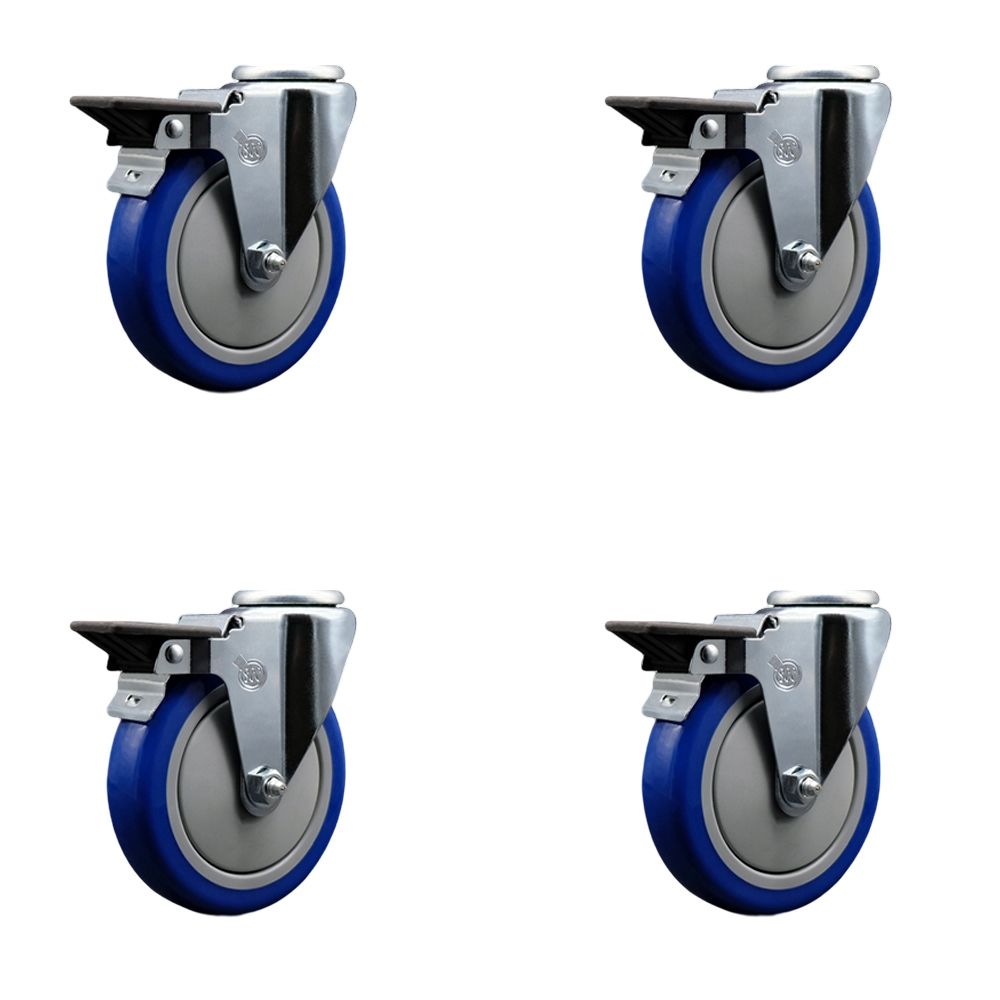 Polyurethane Swivel Bolt Hole Caster Set of 4 w/5" x 1.25" Blue Wheels - Includes 4 Swivel with Posi Lock Brakes - 1400 lbs Total Capacity - Service Caster Brand — photo 1
