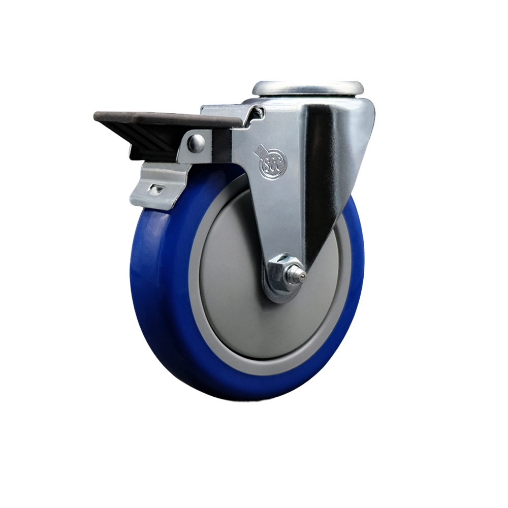 Polyurethane Swivel Bolt Hole Caster w/5" x 1.25" Blue Wheel & Posi Locking Brake - 350 lbs Capacity/Caster - Service Caster Brand — photo 1