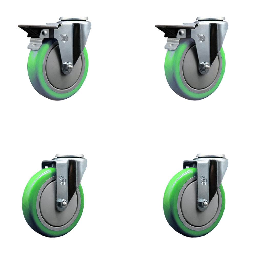 Polyurethane Swivel Bolt Hole Caster Set of 4 w/5" x 1.25" Green Wheels - Includes 2 with Posi Locking Brakes - 1400 lbs Total Capacity - Service Caster Brand — photo 1