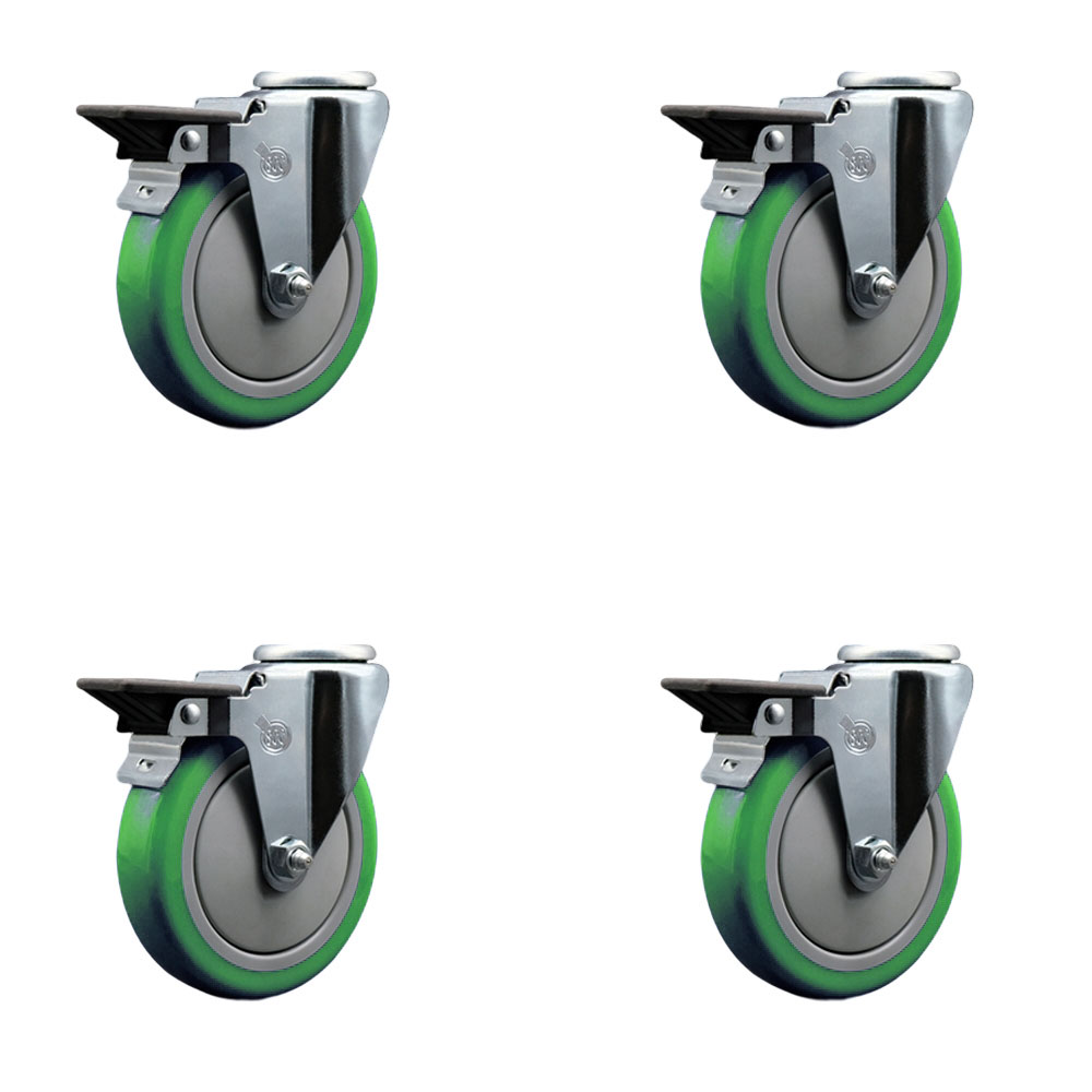 Polyurethane Swivel Bolt Hole Caster Set of 4 w/5" x 1.25" Green Wheels - Includes 4 Swivel with Posi Lock Brakes - 1400 lbs Total Capacity - Service Caster Brand — photo 1