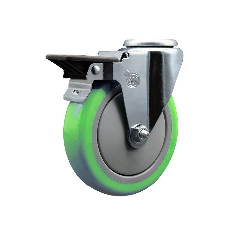 Polyurethane Swivel Bolt Hole Caster w/5" x 1.25" Green Wheel & Posi Locking Brake - 350 lbs Capacity/Caster - Service Caster Brand — photo 1