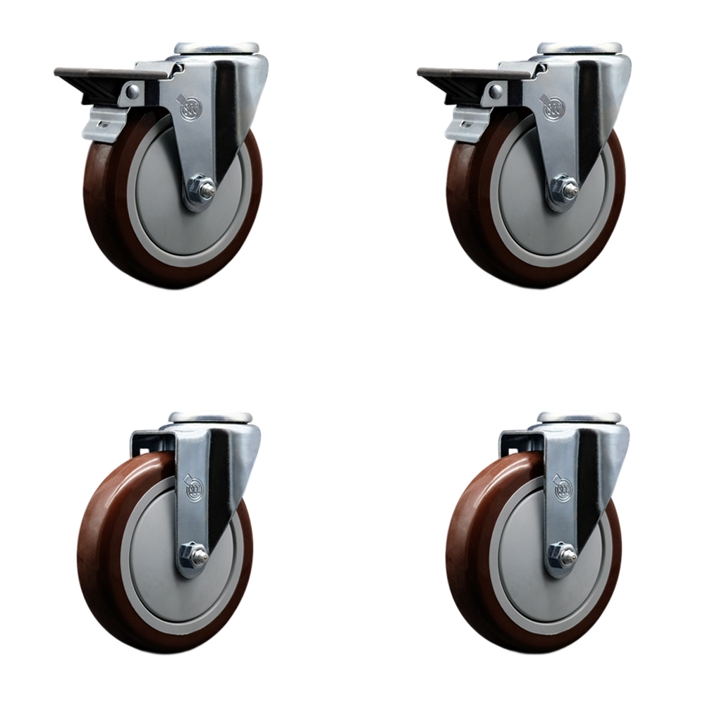 Polyurethane Swivel Bolt Hole Caster Set of 4 w/5" x 1.25" Maroon Wheels - Includes 2 with Posi Locking Brakes - 1400 lbs Total Capacity - Service Caster Brand — photo 1