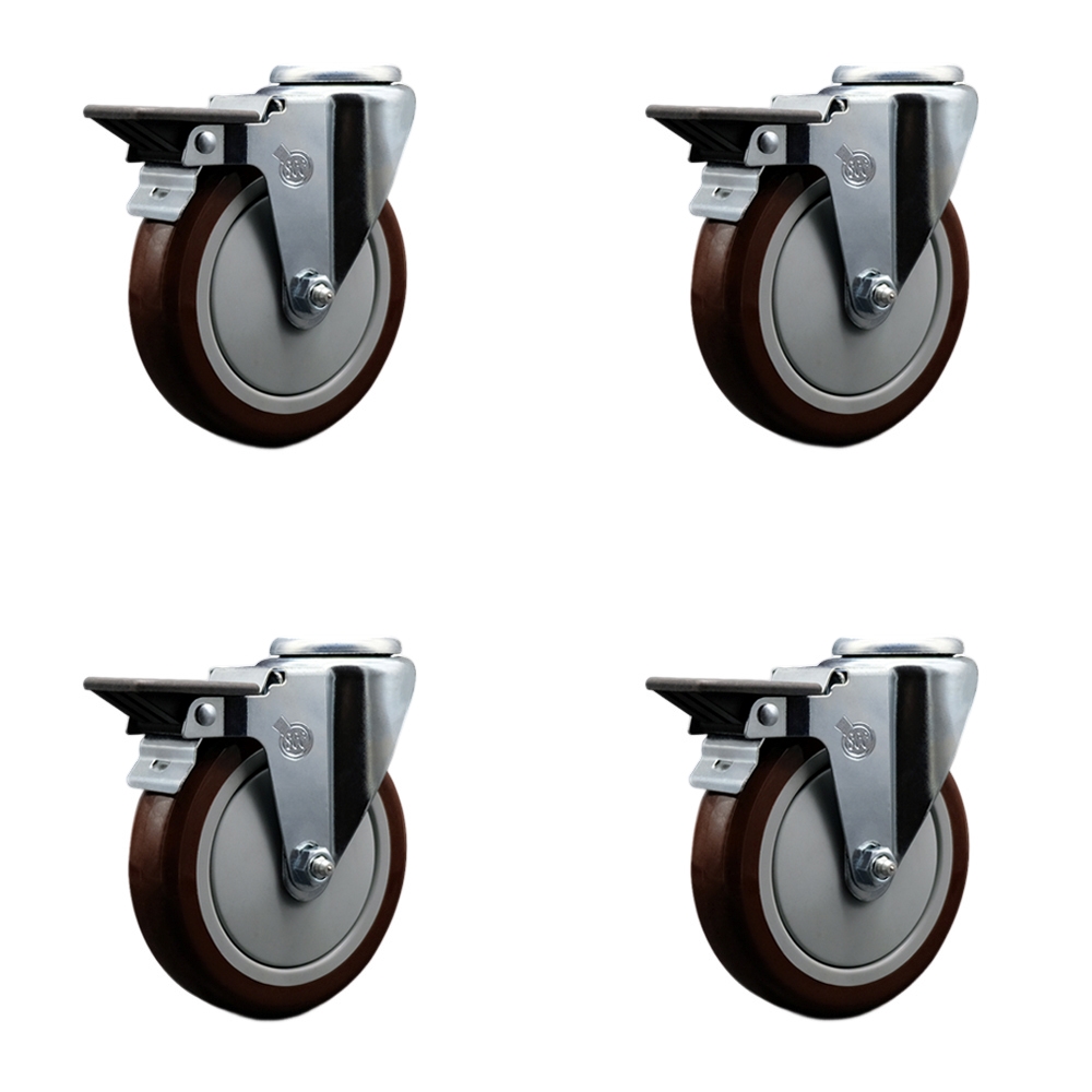 Polyurethane Swivel Bolt Hole Caster Set of 4 w/5" x 1.25" Maroon Wheels - Includes 4 Swivel with Posi Lock Brakes - 1400 lbs Total Capacity - Service Caster Brand — photo 1