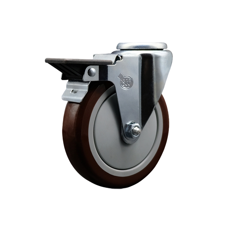 Polyurethane Swivel Bolt Hole Caster w/5" x 1.25" Maroon Wheel & Posi Locking Brake - 350 lbs Capacity/Caster - Service Caster Brand — photo 1