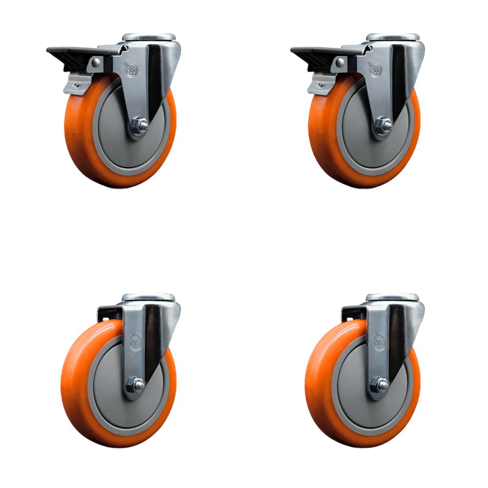Polyurethane Swivel Bolt Hole Caster Set of 4 w/5" x 1.25" Orange Wheels - Includes 2 with Posi Locking Brakes - 1400 lbs Total Capacity - Service Caster Brand — photo 1