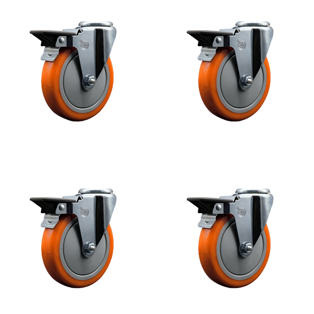 Polyurethane Swivel Bolt Hole Caster Set of 4 w/5" x 1.25" Orange Wheels - Includes 4 Swivel with Posi Lock Brakes - 1400 lbs Total Capacity - Service Caster Brand — photo 1