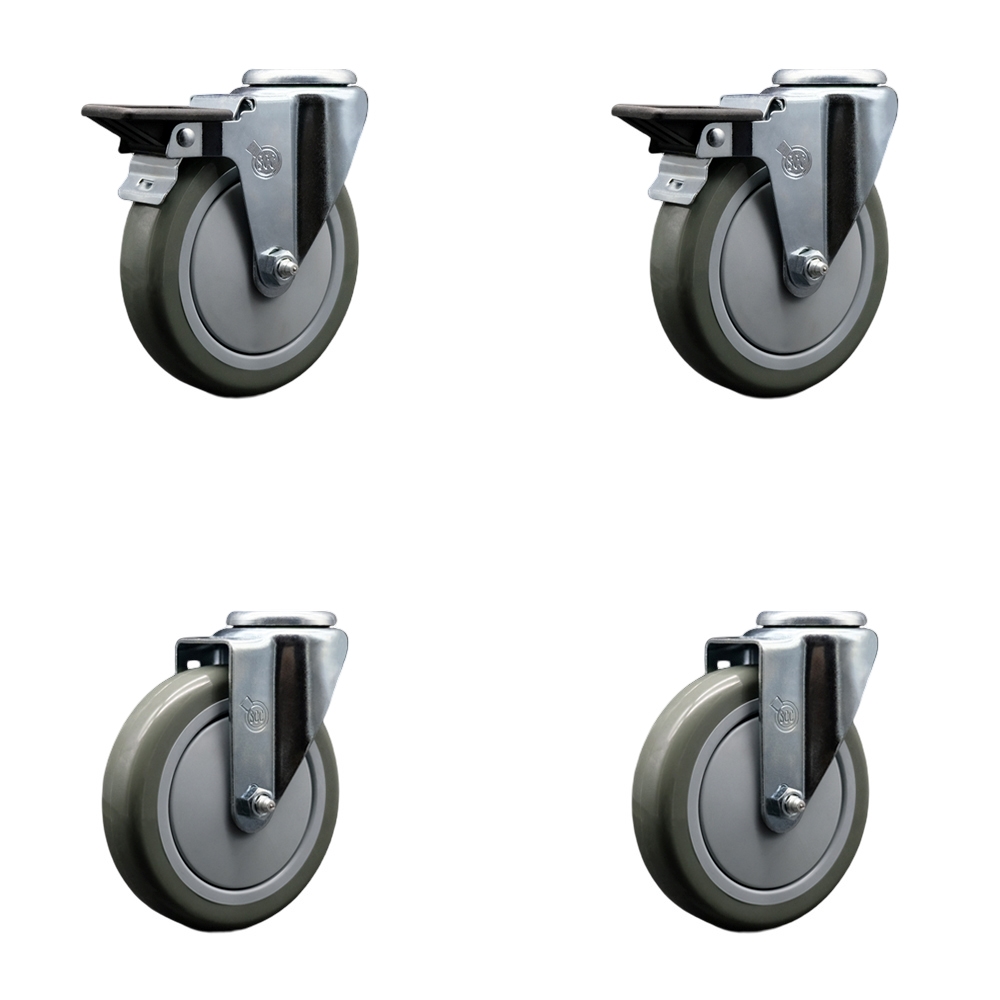 Polyurethane Swivel Bolt Hole Caster Set of 4 w/5" x 1.25" Gray Wheels - Includes 2 with Posi Locking Brakes - 1400 lbs Total Capacity - Service Caster Brand — photo 1