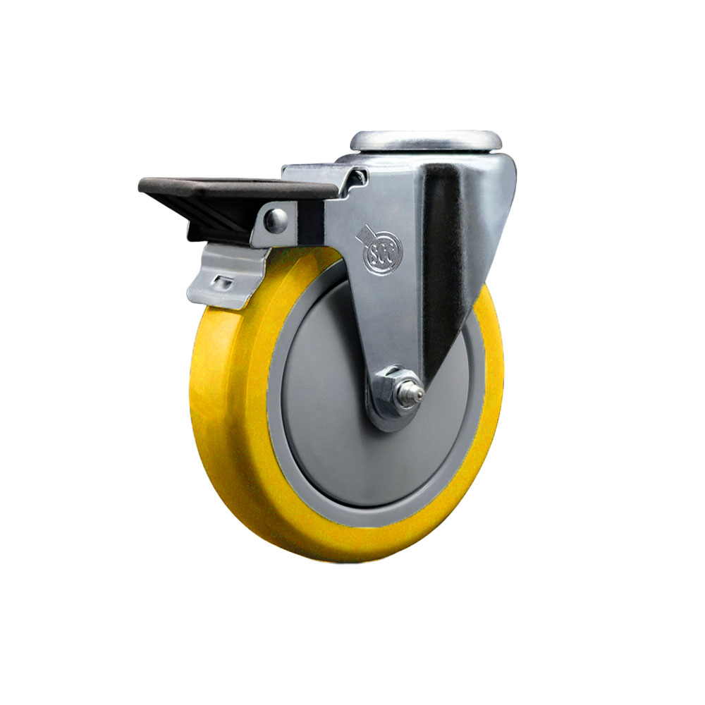 Polyurethane Swivel Bolt Hole Caster w/5" x 1.25" Yellow Wheel & Posi Locking Brake - 350 lbs Capacity/Caster - Service Caster Brand — photo 1