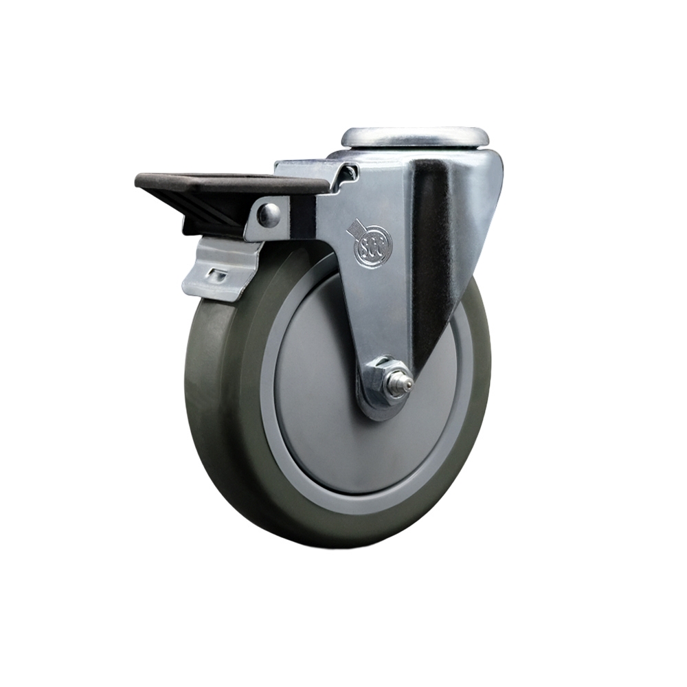 Polyurethane Swivel Bolt Hole Caster w/5" x 1.25" Gray Wheel & Posi Locking Brake - 350 lbs Capacity/Caster - Service Caster Brand — photo 1