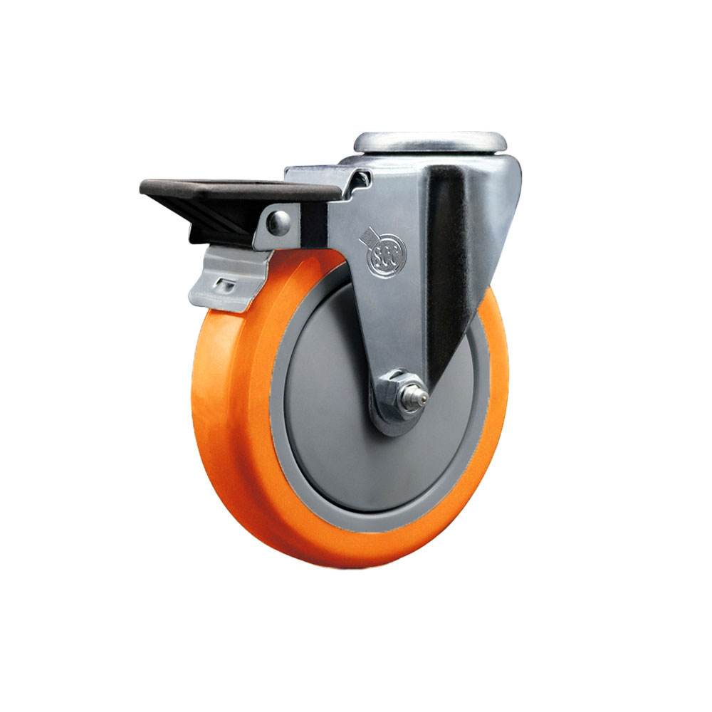 Polyurethane Swivel Bolt Hole Caster w/5" x 1.25" Orange Wheel & Posi Locking Brake - 350 lbs Capacity/Caster - Service Caster Brand — photo 1