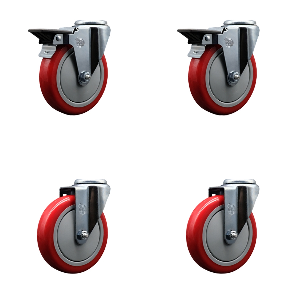 Polyurethane Swivel Bolt Hole Caster Set of 4 w/5" x 1.25" Red Wheels - Includes 2 with Posi Locking Brakes - 1400 lbs Total Capacity - Service Caster Brand — photo 1