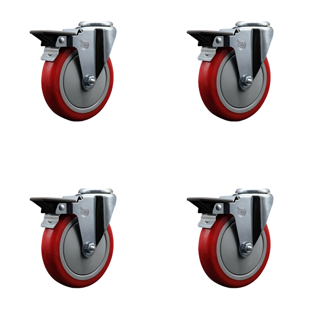 Polyurethane Swivel Bolt Hole Caster Set of 4 w/5" x 1.25" Red Wheels - Includes 4 Swivel with Posi Lock Brakes - 1400 lbs Total Capacity - Service Caster Brand — photo 1