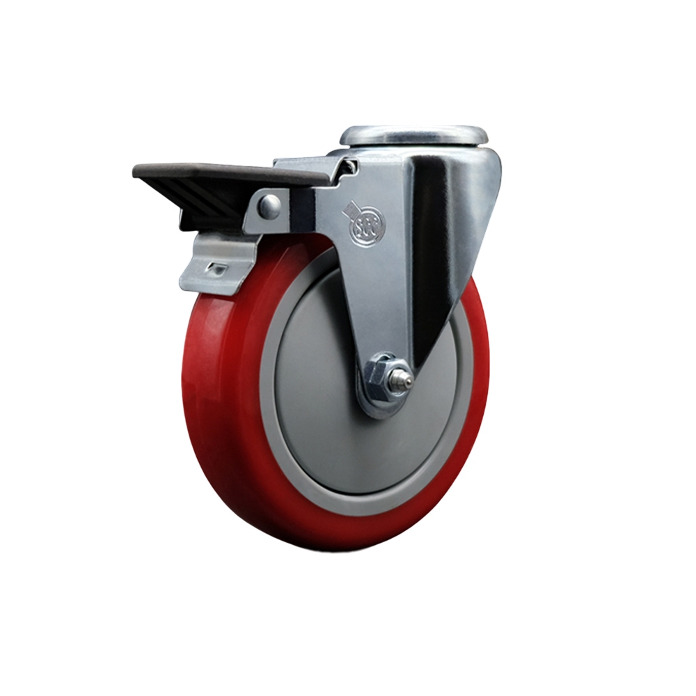 Polyurethane Swivel Bolt Hole Caster w/5" x 1.25" Red Wheel & Posi Locking Brake - 350 lbs Capacity/Caster - Service Caster Brand — photo 1