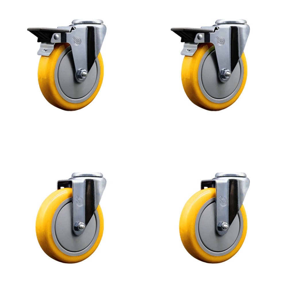 Polyurethane Swivel Bolt Hole Caster Set of 4 w/5" x 1.25" Yellow Wheels - Includes 2 with Posi Locking Brakes - 1400 lbs Total Capacity - Service Caster Brand — photo 1