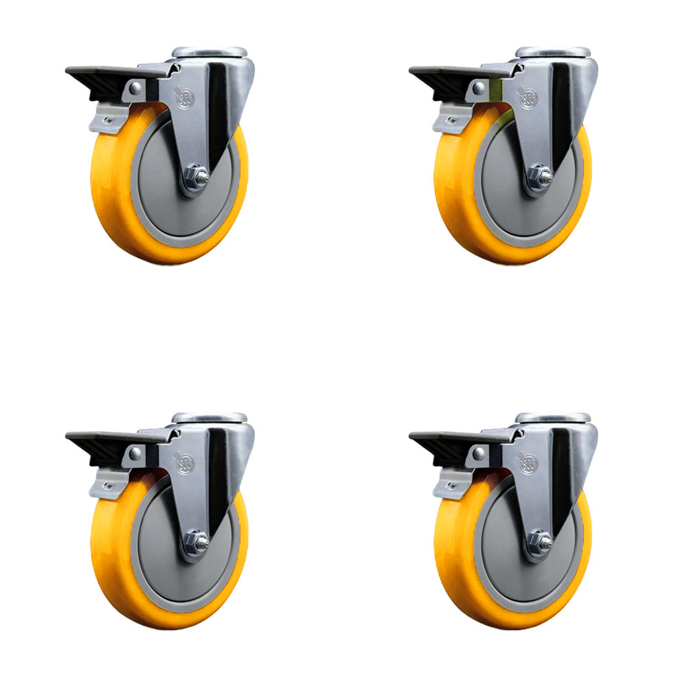 Polyurethane Swivel Bolt Hole Caster Set of 4 w/5" x 1.25" Yellow Wheels - Includes 4 Swivel with Posi Lock Brakes - 1400 lbs Total Capacity - Service Caster Brand — photo 1