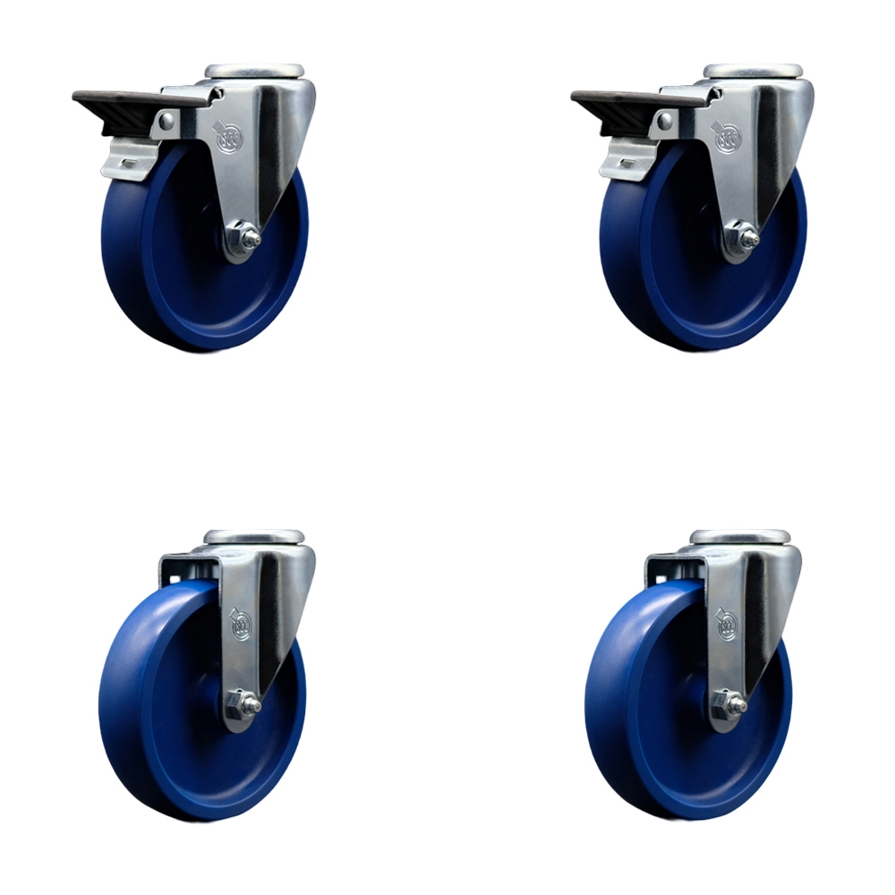 Solid Polyurethane Swivel Bolt Hole Caster Set of 4 w/5" x 1.25" Blue Wheels - Includes 2 with Posi Locking Brakes - 1200 lbs Total Capacity - Service Caster Brand — photo 1
