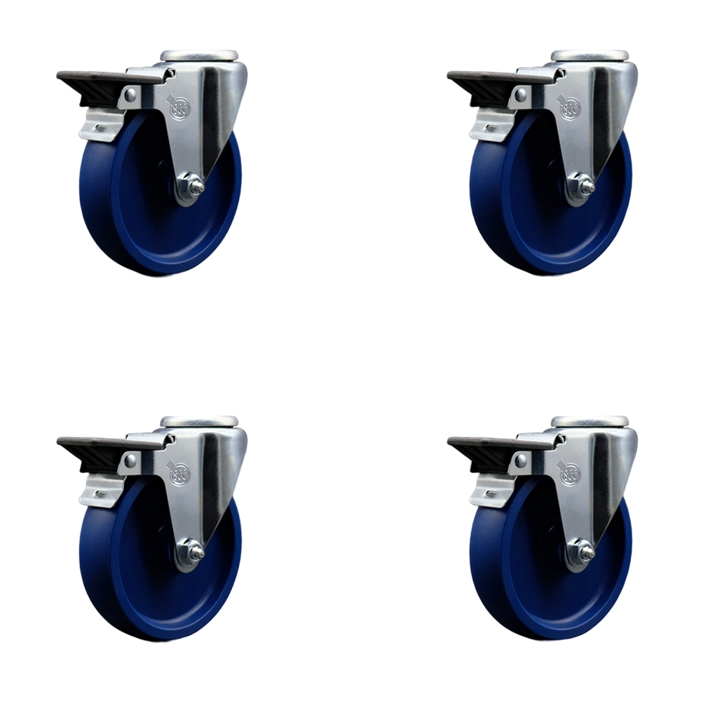 Solid Polyurethane Swivel Bolt Hole Caster Set of 4 w/5" x 1.25" Blue Wheels - Includes 4 Swivel with Posi Lock Brakes - 1200 lbs Total Capacity - Service Caster Brand — photo 1