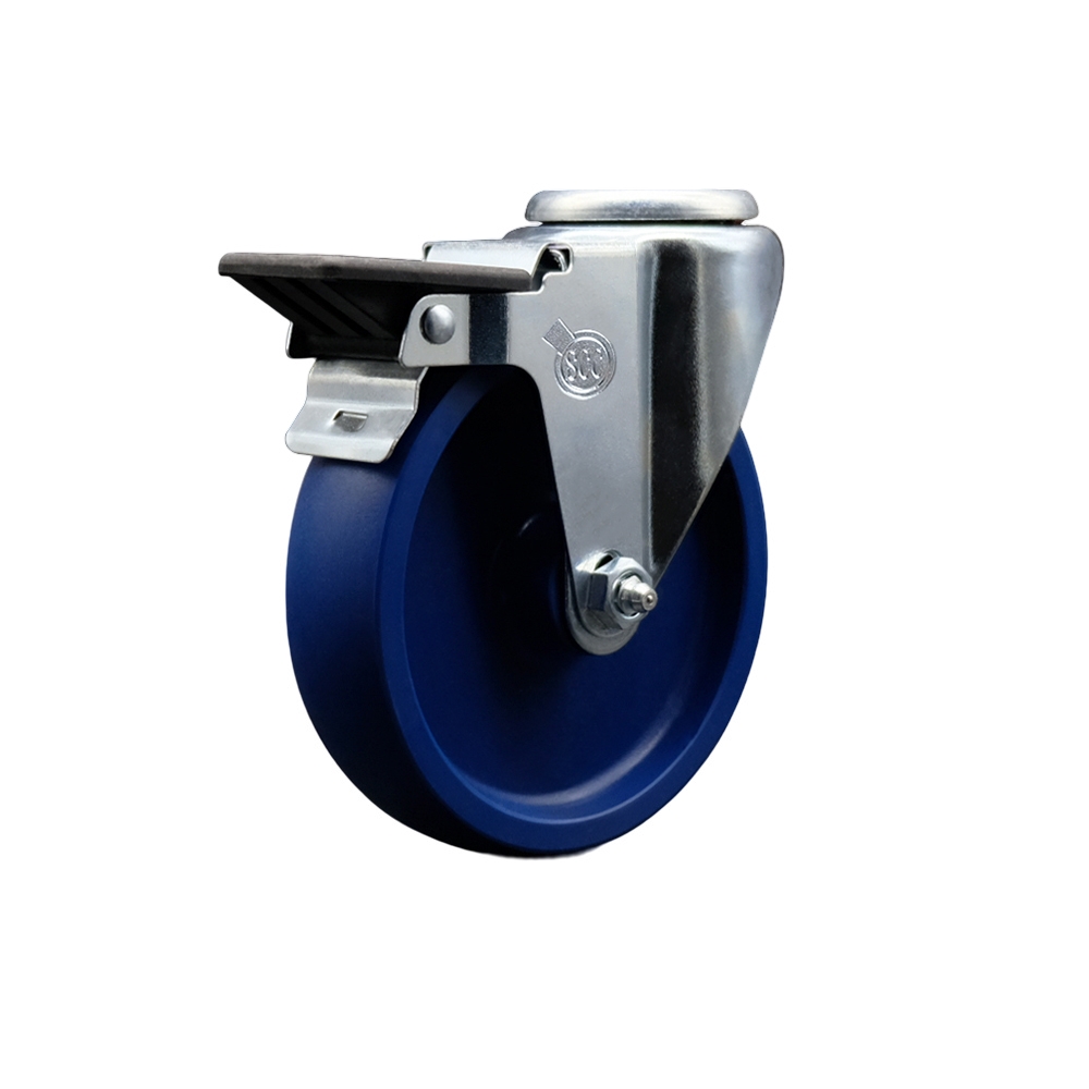 Solid Polyurethane Swivel Bolt Hole Caster w/5" x 1.25" Blue Wheel & Posi Locking Brake - 300 lbs Capacity/Caster - Service Caster Brand — photo 1