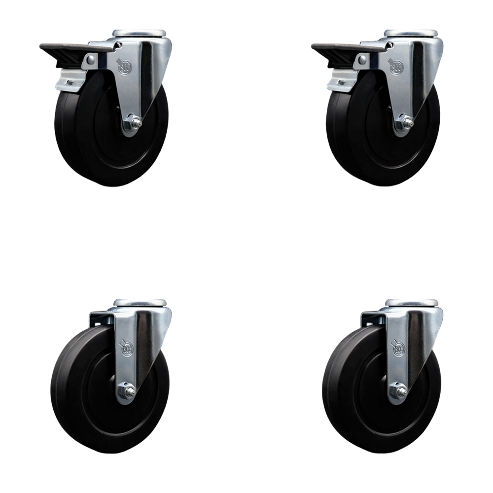 Soft Rubber Swivel Bolt Hole Caster Set of 4 w/5" x 1.25" Black Wheels - Includes 2 with Posi Locking Brakes - 1,100 lbs Total Capacity - Service Caster Brand — photo 1