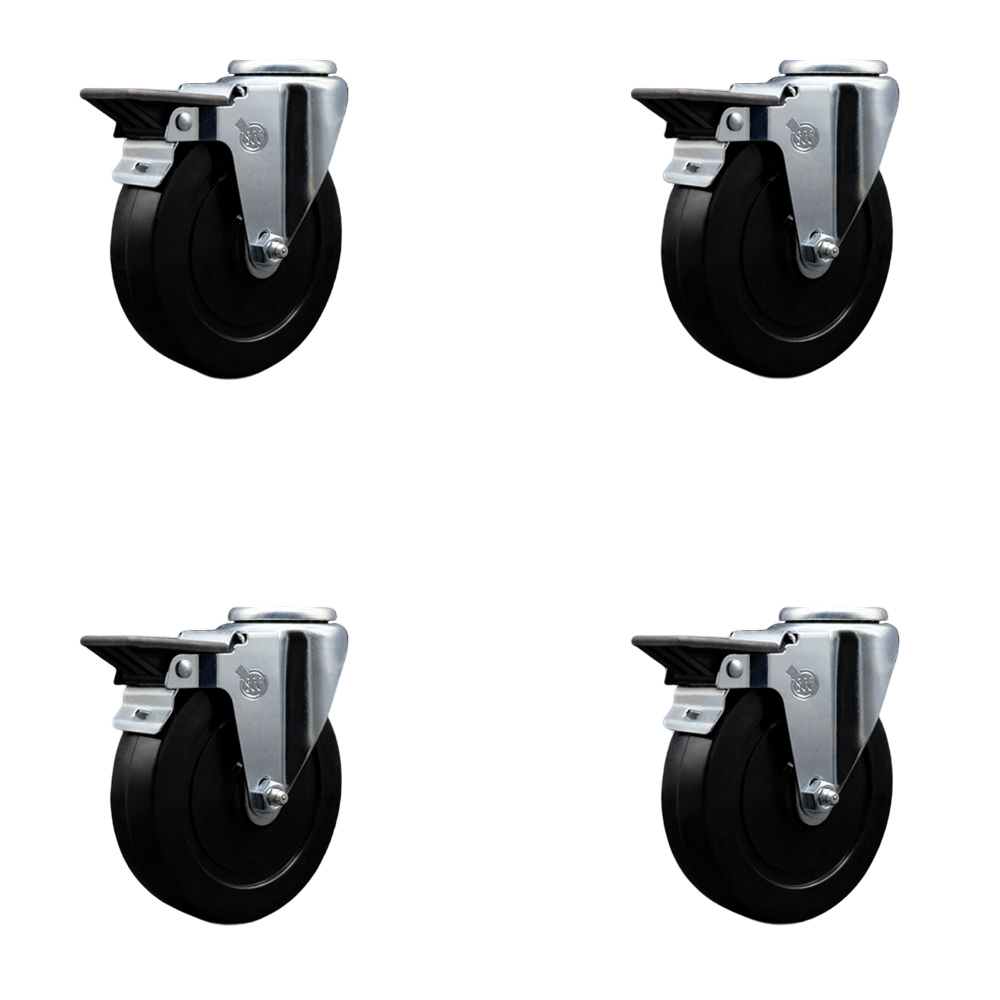 Soft Rubber Swivel Bolt Hole Caster Set of 4 w/5" x 1.25" Black Wheels - Includes 4 Swivel with Posi Lock Brakes - 1,100 lbs Total Capacity - Service Caster Brand — photo 1