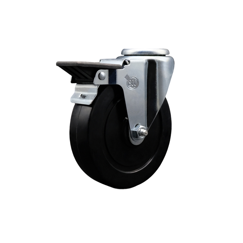 Soft Rubber Swivel Bolt Hole Caster w/5" x 1.25" Black Wheel & Posi Locking Brake - 275 lbs Capacity/Caster - Service Caster Brand — photo 1