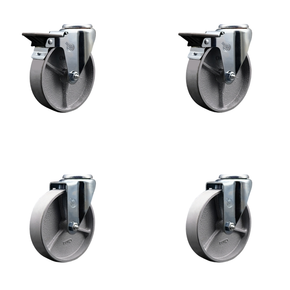 Semi Steel Cast Iron Swivel Bolt Hole Caster Set of 4 w/Roller Bearing - 5" x 1.5" Silver Wheels - Includes 2 with Posi Locking Brakes - 1200 lbs Total Capacity - Service Caster Brand — photo 1