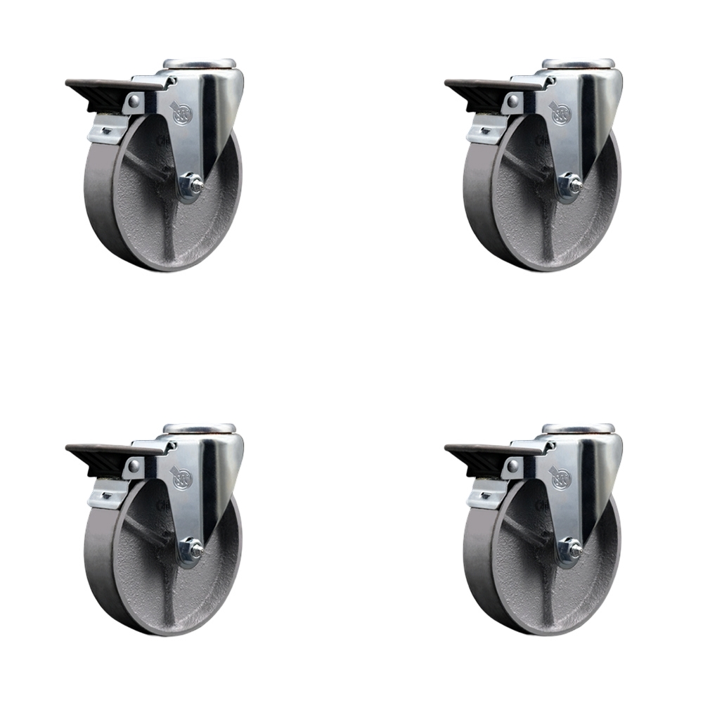 Semi Steel Cast Iron Swivel Bolt Hole Caster w/Roller Bearing Set of 4 w/5" x 1.5" Silver Wheels - Includes 4 Swivel with Posi Lock Brakes - 1200 lbs Total Capacity - Service Caster Brand — photo 1
